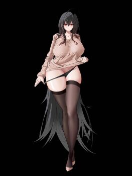 Rule 34 | 1girl, absurdres, ahoge, alternate costume, azur lane, black background, black hair, black panties, breasts, brown shirt, brown shoes, brown thighhighs, clothes lift, collarbone, commentary request, full body, hair between eyes, highres, huge breasts, lifting own clothes, long hair, long sleeves, looking at viewer, panties, panty pull, pulling own clothes, red eyes, shirt, shirt lift, shoes, simple background, slrakamlovo, solo, taihou (azur lane), thighhighs, underwear, very long hair