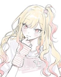 Rule 34 | 1girl, arm warmers, blonde hair, blush, cropped torso, hair ornament, hand on own chin, hand up, hashtag-only commentary, head tilt, highres, light smile, long hair, long sidelocks, looking at viewer, one side up, pink arm warmers, pink eyes, pink hair, project sekai, re memberry, shirt, sidelocks, simple background, single arm warmer, sketch, solo, star (symbol), star hair ornament, swept bangs, t-shirt, tenma saki, white background, white shirt