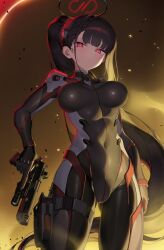 1girl absurdres black_bodysuit black_hair blue_archive blunt_bangs blush bodysuit breasts bright_pupils covered_navel gun hachirodesu halo handgun highres holding holding_gun holding_weapon large_breasts long_hair looking_at_viewer official_alternate_costume ponytail red_eyes ringed_eyes rio_(blue_archive) rio_(bodysuit)_(blue_archive) simple_background skin_tight solo standing trigger_discipline very_long_hair weapon