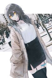 Rule 34 | absurdres, alternate costume, black garter straps, black skirt, black thighhighs, casual, closed mouth, coat, expressionless, flippy (cripine111), garter straps, grey hair, hair between eyes, hand in pocket, highres, honkai: star rail, honkai (series), hood, hood down, hooded coat, long hair, looking to the side, open clothes, open coat, outdoors, shirt, shirt tucked in, skirt, solo focus, stelle (honkai: star rail), thigh strap, thighhighs, trailblazer (honkai: star rail), white shirt, yellow eyes