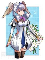 Rule 34 | 1girl, blue background, blue eyes, border, breasts, closed mouth, commentary request, cropped legs, curly hair, dress, grey hair, grid background, head wings, heart, highres, long hair, looking at viewer, melia antiqua, mizss, outside border, small breasts, smile, solo, standing, watermark, white border, white dress, wings, xenoblade chronicles: future connected, xenoblade chronicles (series), xenoblade chronicles 1