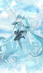 1girl absurdres adapted_costume antenna_hair black_boots black_skirt black_sleeves black_thighhighs blue_eyes blue_hair blue_sky boots breasts city collared_shirt day detached_sleeves frilled_shirt_collar frills full_body hair_between_eyes hand_up hatsune_miku headphones highres leg_up long_hair long_sleeves looking_at_viewer miniskirt open_mouth outstretched_arm pleated_skirt r_aeel reflection shirt skirt skirt_set sky sleeveless sleeveless_shirt small_breasts solo standing standing_on_liquid standing_on_one_leg sun taut_clothes taut_shirt thigh_boots thighhighs thighs tiptoes very_long_hair vocaloid white_wings wings