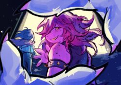1boy 1girl 1other armlet armor black_eyes blue_hair body_freckles colored_sclera colored_skin colored_teeth commentary deltarune english_commentary fingernails freckles grin hand_up highres jewelry kickthat_can kris_(deltarune) long_fingernails mili_(band) pink_skin pov pov_hands ralsei reptile_girl sharp_fingernails sharp_teeth short_hair smile spiked_armlet susie_(deltarune) teeth waving yellow_sclera yellow_teeth