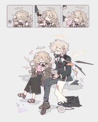 1boy 1girl :d :o ? angel arknights black_bag black_jacket black_skirt blonde_hair blue_eyes blush brown_footwear cecelia_(arknights) child closed_eyes collared_shirt commentary cup detached_wings disposable_cup enforcer_(arknights) fingernails flower foam_mustache grey_necktie grey_pants grey_socks hair_flower hair_ornament halo happy highres holding holding_cup jacket long_hair looking_at_another mug necktie open_mouth pants poncho purple_eyes sandals shirt shoes short_hair skirt smile socks spoken_question_mark symbol-only_commentary thurim6 twitter_username white_flower white_hair white_shirt wings