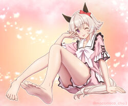 animal_ears barefoot blush breasts collarbone commentary_request curren_chan_(umamusume) full_body hair_between_eyes hair_ornament hairband horse_ears horse_girl horse_tail looking_at_viewer medium_breasts medium_hair one_eye_closed pajamas pink_pajamas purple_eyes ribbon simple_background tail thighs tongue tongue_out tsuji_tomoko twitter_username umamusume