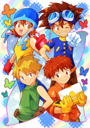 Rule 34 | 1girl, 3boys, blush, bug, butterfly, computer, digimon, insect, ishida yamato, izumi koshiro, laptop, looking at viewer, multiple boys, pixiv user (3472773), smile, takenouchi sora, yagami taichi