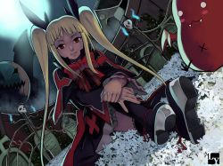1girl arc_system_works bad_id bad_pixiv_id blazblue blonde_hair boots club3 female_focus flower gii highres platform_footwear rachel_alucard red_eyes shoes solo