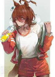 1girl absurdres agnes_tachyon_(umamusume) ahoge animal_ears black_pantyhose bottle brown_hair clipboard closed_mouth collarbone commentary_request cowboy_shot earrings gym_uniform hair_between_eyes highres holding holding_bottle holding_clipboard horse_ears horse_girl horse_tail jacket jewelry long_sleeves looking_at_viewer open_clothes open_jacket pantyhose pantyhose_under_shorts red_eyes red_shorts shirt short_hair shorts single_earring solo steaming_body sweat sweatdrop tail tonariuta tracen_training_uniform umamusume watermark white_shirt