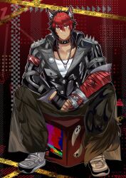1boy animal_ears bandaged_arm bandages black_choker black_jacket blue_sealad blush cargo_pants choker dog_boy ear_piercing fingerless_gloves gloves highres jacket jewelry komano_manato male_focus multicolored_hair multiple_scars muscular muscular_male necklace pants piercing scar scar_on_face shirt shoes short_hair sneakers solo tail white_shirt white_shoes zenless_zone_zero