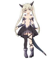 1girl anime_coloring black_horns black_thighhighs blonde_hair breasts clenched_hands closed_mouth collarbone elbow_gauntlets flat_chest full_body hair_between_eyes highres horns isekai_maou_to_shoukan_shoujo_no_dorei_majutsu kaneko_shizue krebskulm loli long_hair looking_at_viewer navel official_art pink_eyes pleated_skirt pointy_ears revealing_clothes simple_background single_thighhigh skirt smile solo standing tail thighhighs transparent_background twintails very_long_hair