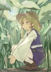 1girl animal_print blonde_hair boots brown_boots brown_hat frog_print full_body hair_ribbon hat highres leaf long_sleeves medium_hair moriya_suwako parted_bangs purple_skirt purple_vest red_ribbon ribbon shijiu_(shizuoxing) shirt signature skirt solo squatting thighhighs touhou tress_ribbon vest water_drop white_shirt white_thighhighs wide_sleeves yellow_eyes