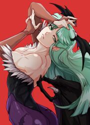 Rule 34 | 1girl, absurdres, animal print, ass, bare shoulders, bat print, bat wings, black leotard, breasts, bridal gauntlets, darkstalkers, demon girl, floating hair, fur trim, green eyes, green hair, head wings, highleg, highleg leotard, highres, large breasts, leotard, long hair, looking at viewer, morrigan aensland, muscular, muscular female, pantyhose, print pantyhose, purple pantyhose, red background, sidelocks, sierra117renner, simple background, solo, wings