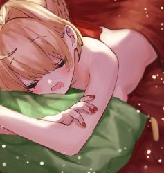 1girl absurdres ahoge arms_up back bed bed_sheet blonde_hair blush bow braid breasts closed_eyes completely_nude convenient_censoring crossed_arms fate/extra fate_(series) female_focus fingernails french_braid hair_between_eyes hair_bow hair_bun hair_intakes hair_ribbon head_on_pillow highres long_fingernails long_hair lying medium_breasts nail_polish nero_claudius_(fate) nero_claudius_(fate/extra) nude on_bed on_stomach open_mouth pillow red_bow red_nails red_ribbon red_theme ribbon sideboob single_hair_bun sleeping sleeping_nude solo sparkle tassel topless_female yayoi_maka