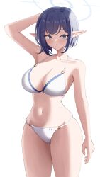 1girl :o alternate_costume aoi_(blue_archive) arm_behind_head bikini blue_archive blush breasts commentary halo highres large_breasts looking_at_viewer mole mole_under_eye navel pointy_ears purple_hair short_hair simple_background skindentation solo stellated_icosahedron stomach swimsuit thighs white_background white_bikini