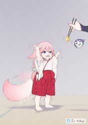 1girl aged_down animal_ear_fluff animal_ears arms_up bare_legs barefoot beiyi chopsticks detached_sleeves floppy_ears food fox fox_ears fox_girl fox_tail genshin_impact highres japanese_clothes mole mole_under_eye nontraditional_miko obijime pink_hair purple_eyes raiden_shogun shirt sleeveless sleeveless_shirt tail tofu white_shirt wide_sleeves yae_miko