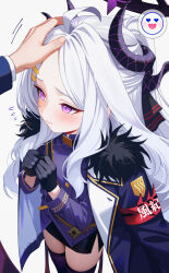 1girl 1other absurdres ahoge black_coat black_gloves black_horns black_skirt black_thighhighs blue_archive blush closed_mouth coat commentary_request fingernails flat_chest gloves halo hands_up headpat highres hina_(blue_archive) horns karaage_(xxxmido02) long_hair miniskirt out_of_frame purple_eyes side_slit skirt solo solo_focus standing thighhighs very_long_hair white_background white_hair