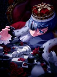 1boy alternate_costume bishop_(chess) blue_eyes blue_hair board_game chess chess_piece ciel_phantomhive crown eyepatch eyewear_strap flower highres holding holding_chess_piece knight_(chess) kuroshitsuji oda_itsuki pawn_(chess) red_flower rook_(chess) royal_robe short_hair solo throne trap
