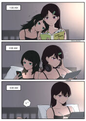 Rule 34 | 2girls, absurdres, bang dream!, bang dream! it&#039;s mygo!!!!!, black camisole, black hair, blue eyes, book, breasts, camisole, cellphone, chinese commentary, cleavage, collarbone, commentary request, hair ornament, hairclip, headphones, headphones around neck, highres, holding, holding book, holding phone, holding stylus, holding tablet pc, leaning on person, long hair, medium hair, mole, mole under eye, multiple girls, phone, purple eyes, rankaku, shiina taki, smartphone, squeans, stylus, sweatdrop, tablet pc, twirling hair, yahata umiri, yuri