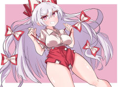 1girl absurdres blush bow bright_pupils fujiwara_no_mokou grin hair_between_eyes hair_bow hair_ribbon happynalga highres long_hair looking_at_viewer medium_hair pink_background pink_eyes red_shirt ribbon shirt short_sleeves smile solo thick_thighs thighs touhou very_long_hair white_hair white_pupils white_shirt