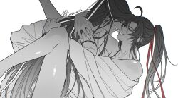 2boys ahoge bare_legs bishounen black_hair bottomless chinese_clothes eye_contact face-to-face greyscale hair_ribbon hanfu high_ponytail highres hug implied_sex lan_wangji long_hair long_sleeves looking_at_another male_focus modao_zushi monochrome mouth_hold multiple_boys off_shoulder parted_lips partially_undressed ponytail red_ribbon ribbon ribbon_in_mouth robe robe_partially_removed scar scar_on_back signature simple_background smile spread_legs teeth teeth_hold tsubame-shi_(tubame) twitter_username very_long_hair wei_wuxian white_background white_ribbon yaoi