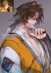 1boy artist_name brown_hair commentary facial_mark finger_to_own_chin game_screenshot_inset glasses grey_background hair_intakes looking_at_viewer male_focus medium_hair minoru_(minoru_uwutemp) pectoral_cleavage pectorals red_eyes semi-rimless_eyewear simple_background smirk solo upper_body watermark ye_shiyuan zenless_zone_zero