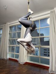 Rule 34 | 1girl, ass, blue eyes, bodysuit, brazilian (nationality), breasts, brown hair, cosplay, covering face, curvy, freckles, gwen stacy, highres, hood, hooded bodysuit, indoors, marvel, memepantazis, photo (medium), shibari, shiny clothes, spider-gwen, spider-gwen (cosplay), spider-man (series), wide hips