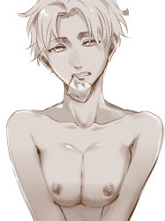 1girl bad_id bad_pixiv_id breasts condom condom_in_mouth female_focus highres iroha_(nakaba0912) mouth_hold nanaba nipples shingeki_no_kyojin short_hair solo
