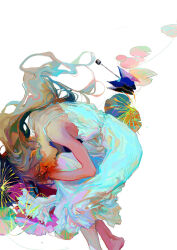 1girl abstract alternate_hairstyle aqua_hair athgil colorful cropped_legs dress fetal_position fireworks gradient_hair hair_down hatsune_miku highres lily_pad long_hair multicolored_hair painterly simple_background solo vocaloid white_background white_dress