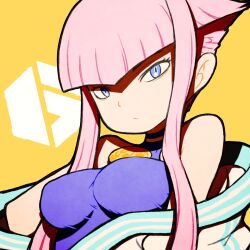 1girl bare_shoulders beeru_(veil8801) blue_eyes breasts closed_mouth dougi frown highres manon_legrand medium_breasts pink_hair short_hair_with_long_locks solo street_fighter street_fighter_6 upper_body yellow_background