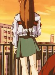 1990s_(style) 1girl animated animated_gif ass blue_seed brown_hair clothes_lift coat embarrassed fujimiya_momiji legs panties print_panties retro_artstyle skirt skirt_lift underwear upskirt wind wind_lift
