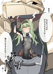 1girl absurdres arm_up armpits black_gloves black_ribbon breasts brown_pantyhose clothes_writing commentary covered_navel facing_viewer gloves goddess_of_victory:_nikke green_hair grey_leotard hair_between_eyes hair_ribbon hairband head_bump highres kilo_(nikke) kitasshi leotard long_hair long_sleeves looking_up pantyhose ribbon simple_background small_breasts solo sweatdrop talos_(nikke) translation_request white_background yellow_eyes