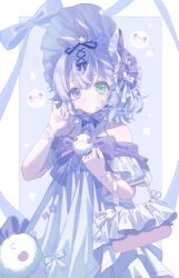 1girl absurdres arm_ribbon bare_shoulders blue_background blue_bonnet blue_bow blue_bowtie blue_dress blue_hair bonnet border borrowed_character bow bowtie closed_mouth commentary_request commission dress green_eyes heterochromia highres long_sleeves looking_at_viewer myon_rio off-shoulder_dress off_shoulder original outside_border purple_eyes ribbon short_hair skeb_commission solo upper_body watermark white_border white_ribbon