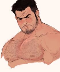 1boy absurdres bara beard_stubble black_hair blind closed_eyes cropped_torso cyberrwaffle facial_hair hairy highres issho_(fujitora) large_pectorals male_focus mature_male medium_sideburns muscular muscular_male mustache_stubble nipples nude one_piece pectorals scar scar_across_eye scar_on_face scar_on_forehead short_hair sideburns_stubble solo sparse_chest_hair stubble unfinished