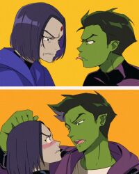 1boy 1girl angry beast_boy_(dc) blush colored_skin couple dc_comics embarrassed green_eyes green_hair green_skin height_difference pointy_ears purple_eyes purple_hair raven_(dc) teen_titans