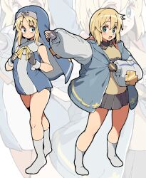 bare_legs blonde_hair bridget_(guilty_gear) dual_persona fingerless_gloves gloves guilty_gear guilty_gear_strive guilty_gear_xx highres itsuka_neru jacket light_blush pleated_skirt skirt smile socks standing thighs white_socks