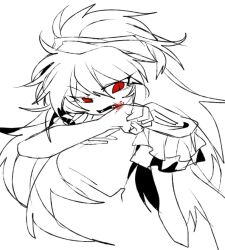 1other androgynous armor bare_arms blood breastplate chinese_commentary clenched_hand commentary_request coughing coughing_blood cropped_torso epaulettes eyelashes fangs greyscale hair_between_eyes len&#039;en ling_s long_hair maid_headdress messy_hair monochrome open_mouth other_focus red_eyes simple_background slit_pupils solo spot_color taira_no_fumikado very_long_hair white_background wiping_mouth