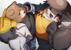 2boys animal_ears bangboo_(zenless_zone_zero) bara bear_boy bear_ears belly belly-to-belly ben_bigger black_fur bracelet brown_fur claws closed_mouth commentary_request fat fat_man from_above furry furry_male hard_hat helmet highres jewelry looking_at_another male_focus multicolored_fur multiple_boys non-humanoid_robot on_shoulder pan_yinhu panda_boy panda_ears rabbit_ears robot round_eyewear safety_(zenless_zone_zero) scar scar_across_eye scar_on_face scratching_cheek smile spiked_bracelet spikes sweatdrop white_background white_fur wok yurari_yr zenless_zone_zero