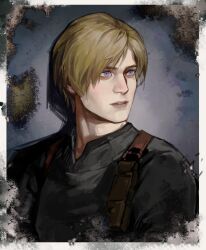 Rule 34 | 1boy, bags under eyes, black shirt, blonde hair, blue eyes, border, brown straps, collared shirt, commentary, grey background, hashtag-only commentary, highres, jianghesongmu, leon s. kennedy, looking to the side, male focus, parted bangs, parted lips, resident evil, resident evil 2, resident evil 2 (remake), shirt, shoulder strap, solo, upper body, white border