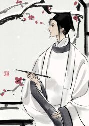 Rule 34 | 111218422, 1boy, absurdres, black eyes, black hair, black hat, branch, calligraphy brush, chinese clothes, chinese commentary, closed mouth, coat, dao gui yi xian, faux traditional media, flower, from side, hanfu, hat, hat ribbon, highres, holding, holding calligraphy brush, holding paintbrush, ink wash painting, jin (headwear), long hair, long sleeves, looking to the side, male focus, open clothes, open coat, paintbrush, plum blossoms, profile, red flower, ribbon, robe, seal impression, sidelocks, sleeves past wrists, smile, solo, standing, updo, upper body, white coat, white hanfu, wide sleeves, zhouzi jin (headwear), zhuge yuan