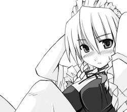 Rule 34 | 1girl, blush, breasts, female focus, izayoi sakuya, lowres, maid, monochrome, simple background, solo, tagme, touhou