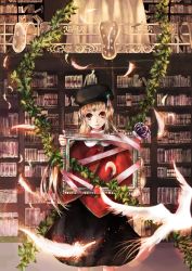 1girl animal bad_id bad_pixiv_id bird blonde_hair book bookshelf crown curtains feathers female_focus hat highres library long_hair original purple_crown rinkarin smile solo yellow_eyes