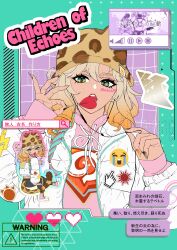 1girl absurdres alternate_costume blonde_hair braid candy chibi english_text food genshin_impact green_eyes hat highres holding holding_candy holding_food holding_lollipop jacket jaguar_girl jaguar_tail lollipop long_sleeves looking_at_viewer medium_hair multicolored_hair multicolored_nails multiple_views nail_polish open_clothes open_jacket open_mouth shiba_(tonari_no_shiba_inu) tail upper_body watermark white_jacket xilonen_(genshin_impact)