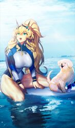 1girl :d arm_support barghest_(fate) blonde_hair bodysuit breasts cloud cloudy_sky commentary_request diving_suit dog fate/grand_order fate_(series) game_cg genpachi_(fate) green_eyes groin high_collar horns long_hair long_sleeves melon22 ocean official_alternate_costume official_art open_mouth outdoors partially_submerged photo_background ponytail sidelocks sitting sky smile solo surfboard teeth thick_thighs thighs third-party_source upper_teeth_only very_long_hair wetsuit zipper_pull_tab