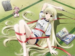 00s 2girls accident android bare_legs barefoot blonde_hair brown_eyes buruma chii chobits cordless_phone entangled gym_uniform ribbon_baton hair_spread_out highres jpeg_artifacts kimura_masahiro long_hair lying mini_person minigirl multiple_girls name_tag non-web_source official_art on_back phone red_ribbon resized ribbon robot_ears scan sumomo_(chobits) tatami upscaled very_long_hair watermark