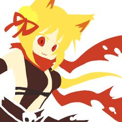 1girl :3 animal_ears assassin_cross_(ragnarok_online) bell black_leotard blonde_hair breasts closed_mouth commentary_request doroidsan fox_ears fox_girl hair_bell hair_ornament hair_ribbon jingle_bell leotard looking_at_viewer lowres medium_breasts no_lineart ragnarok_online red_eyes red_ribbon red_scarf revealing_clothes ribbon scarf short_hair simple_background smile solo torn_clothes torn_scarf upper_body white_background