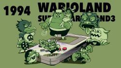 1girl 2boys arm_up bandana bobo_(wario_land) boots bull_wario captain_syrup carrying cleft_chin clenched_hands closed_mouth commentary copyright_name dated devil&#039;s_head english_commentary face_piercing facial_hair fake_horns fangs game_boy game_boy_(original) genie genie_(wario_land) ghost ghost_(wario_land:_super_mario_land_3) gloves green_background grin handheld_game_console helmet highres holding horned_helmet horns long_hair looking_back mario_(series) minotaur_(wario_land) multiple_boys mustache nintendo nose_piercing nose_ring oil_lamp overalls pants penguin_(wario_land) piercing rinabee_(rinabele0120) shirt shoes shoulder_carry simple_background skull_print sleeveless sleeveless_shirt smile spiked_koopa spiked_shell spikes teeth tongue tongue_out turtle_shell v-shaped_eyebrows wario wario_land wario_land:_super_mario_land_3 wristband