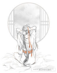 1boy adjusting_hair ahoge arms_up bed_sheet black_hair chinese_clothes facing_away from_behind hair_ribbon hanfu hickey holding holding_ribbon implied_yaoi indoors lattice long_hair male_focus modao_zushi monochrome on_bed ponytail red_ribbon red_sash ribbon round_window sash sitting solo spot_color twitter_username tying_hair very_long_hair watermark wei_wuxian window ykmr_(haga)