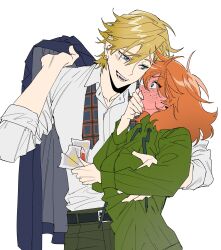 Rule 34 | 1boy, 1girl, absurdres, aroused nosebleed, belt, blonde hair, blood, blue eyes, blue jacket, blush, breasts, brief (psg), commentary request, freckles, full-face blush, garam lee, genderswap, genderswap (ftm), genderswap (mtf), grabbing another&#039;s breast, green hoodie, groping, hair between eyes, hetero, highres, holding, holding jacket, holding unworn clothes, hood, hoodie, jacket, korean commentary, long sleeves, male focus, necktie, nosebleed, open mouth, orange hair, pants, panty &amp; stocking with garterbelt, panty (psg), shirt, simple background, undone necktie, unworn jacket, white background, white shirt