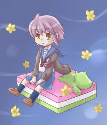 Rule 34 | 00s, 1girl, brown eyes, cardigan, dog, grey hair, hishimochi, kimidori-san, komochi shishamo, nagato yuki, school uniform, serafuku, short hair, sitting, suzumiya haruhi-chan no yuuutsu, suzumiya haruhi no yuuutsu