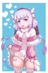 10s 1girl absurdres beads black_bow black_hairband blue_eyes blunt_bangs blush bow buck_teeth cameltoe capelet clothes_lift commentary_request dragon_girl dragon_horns dragon_tail dress dress_lift female_focus hair_beads hair_bow hair_ornament hairband heart heart-shaped_pupils highres horns kanna_kamui kobayashi-san_chi_no_maidragon lifting_own_clothes light_purple_hair loli long_hair looking_at_viewer monster_girl open_mouth panties pointy_ears print_panties shiny_skin skindentation solo standing symbol-shaped_pupils tail teeth thick_thighs thighhighs thighs twintails underwear usb white_panties white_thighhighs yuureiko